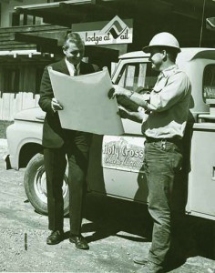 A Holy Cross employee discusses power line construction plans in Vail circa 1962.