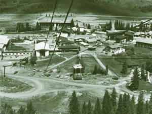 The original gondola descends into Vail Village in the early 1960.