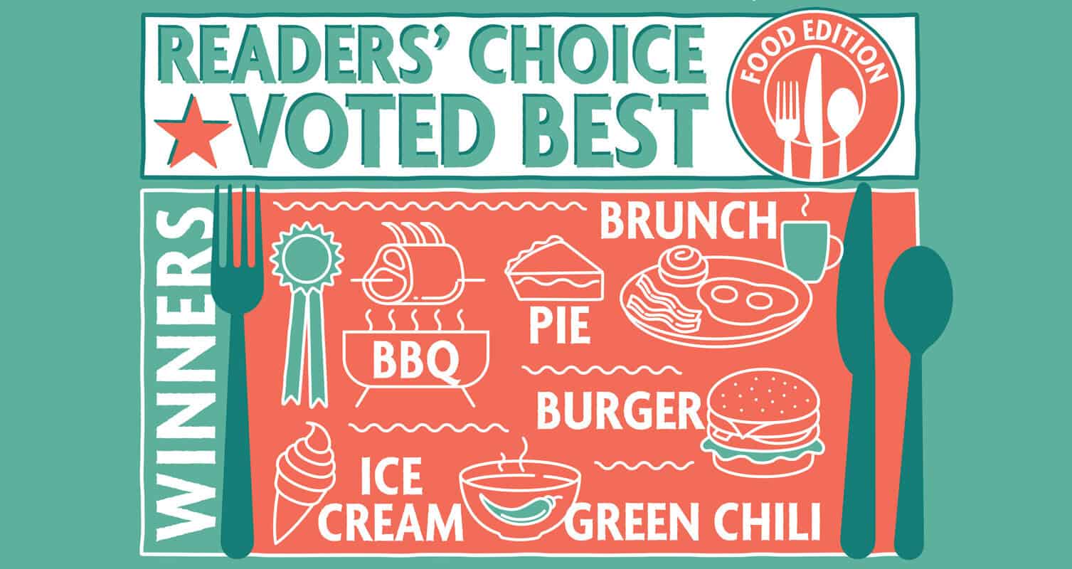Illustrated graphic titled "Readers' Choice Voted Best Food Edition" featuring categories: Brunch, Pie, Burger, BBQ, Ice Cream, and Green Chili. Images of each item accompany the text.