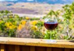 a glass of wine sitting on a railing.