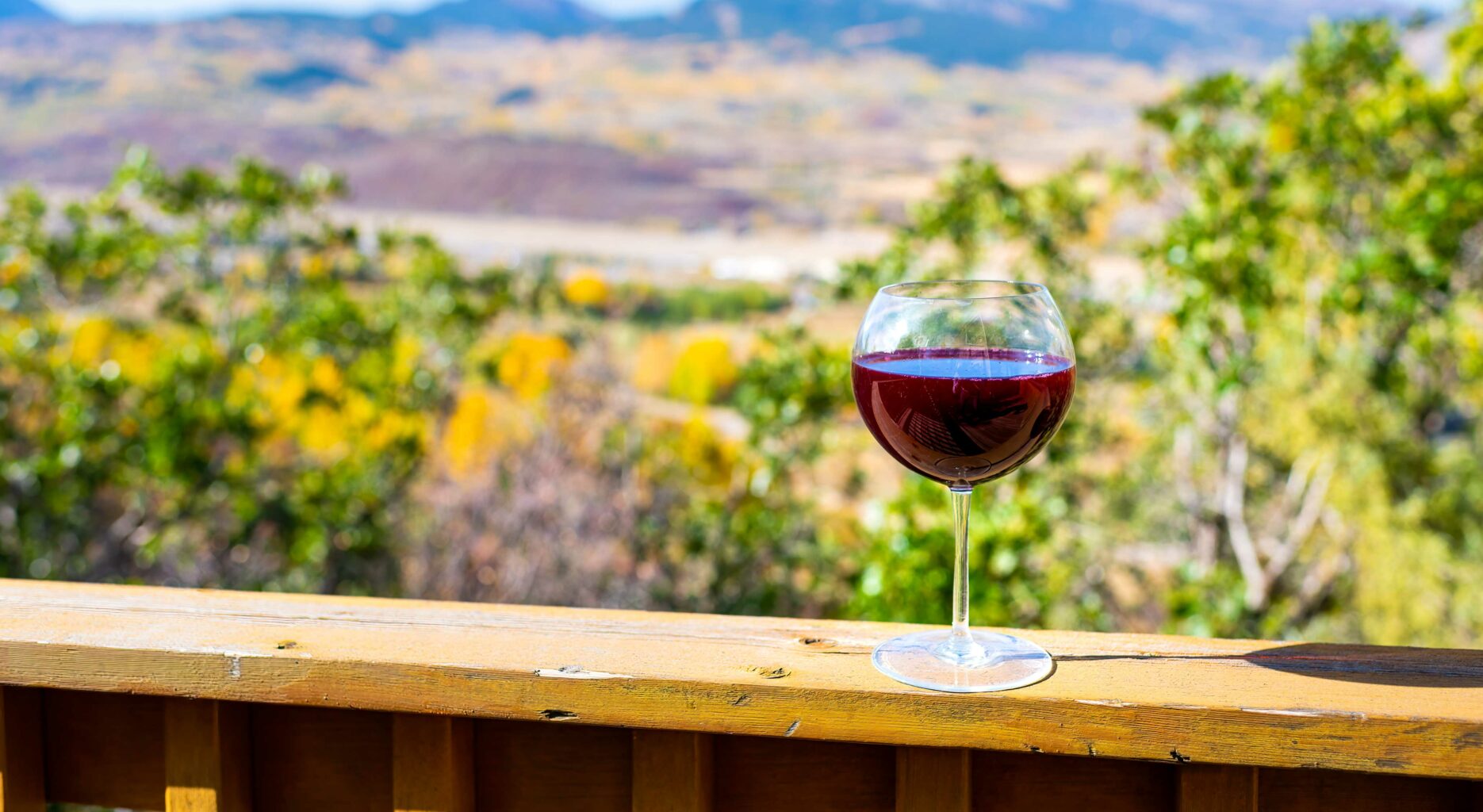 a glass of wine sitting on a railing.