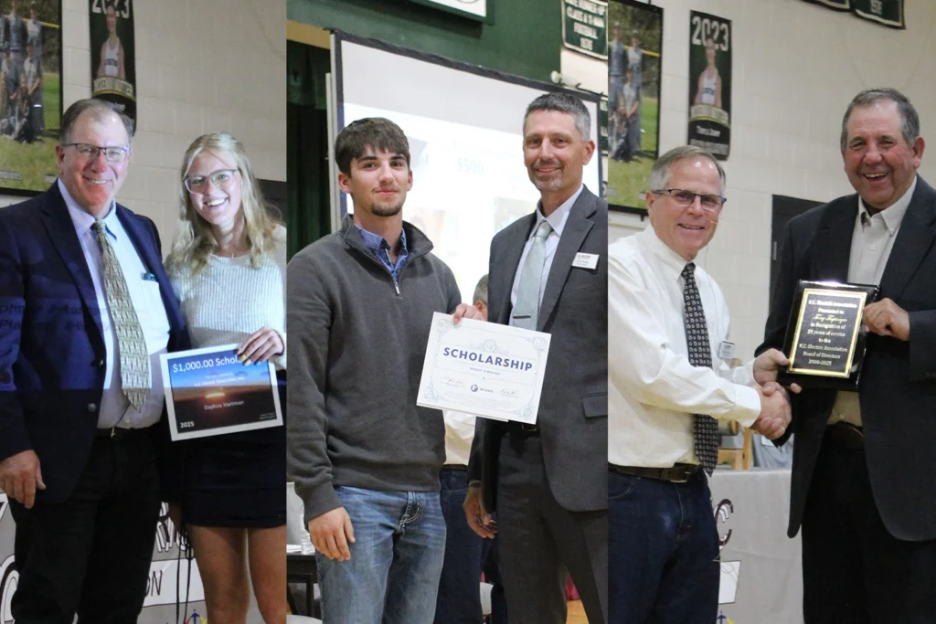Three separate scenes of award presentations: two students receive scholarships with certificates, and two men exchange a plaque at an indoor event.