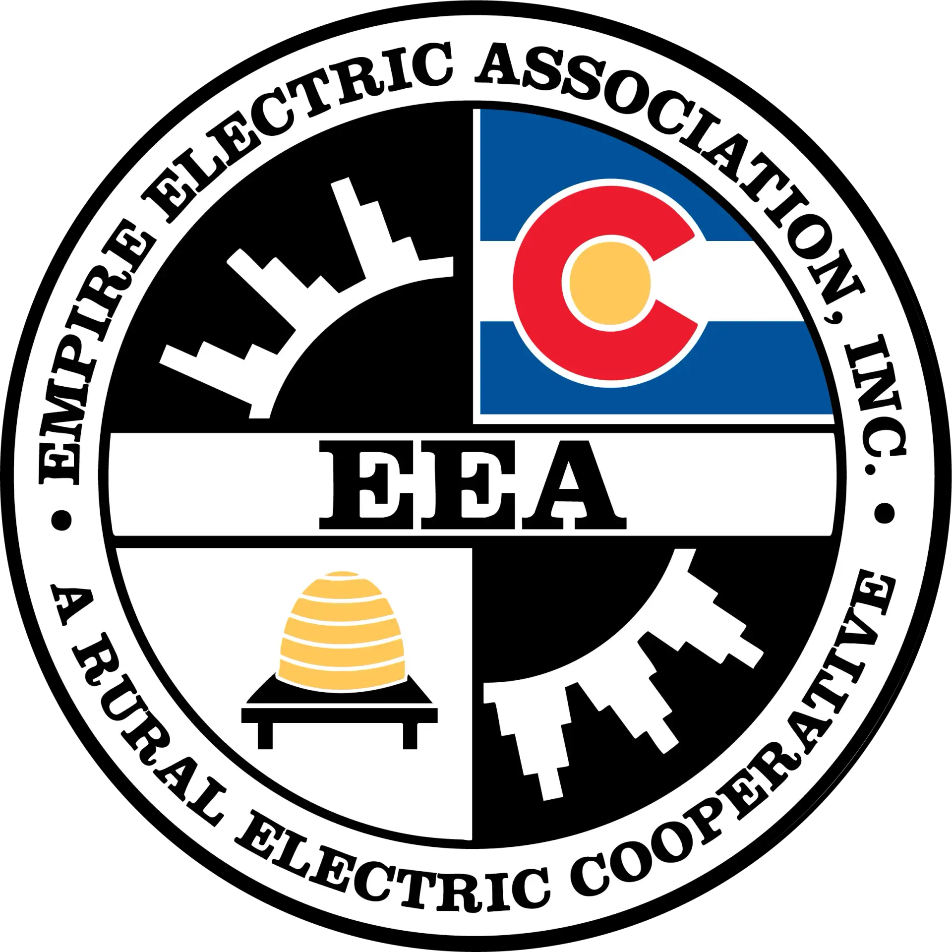 Empire Electric Association, Inc. logo featuring a circle with "A Rural Electric Cooperative" text, cityscape silhouettes, Colorado flag, a beehive, and "EEA" in the center.