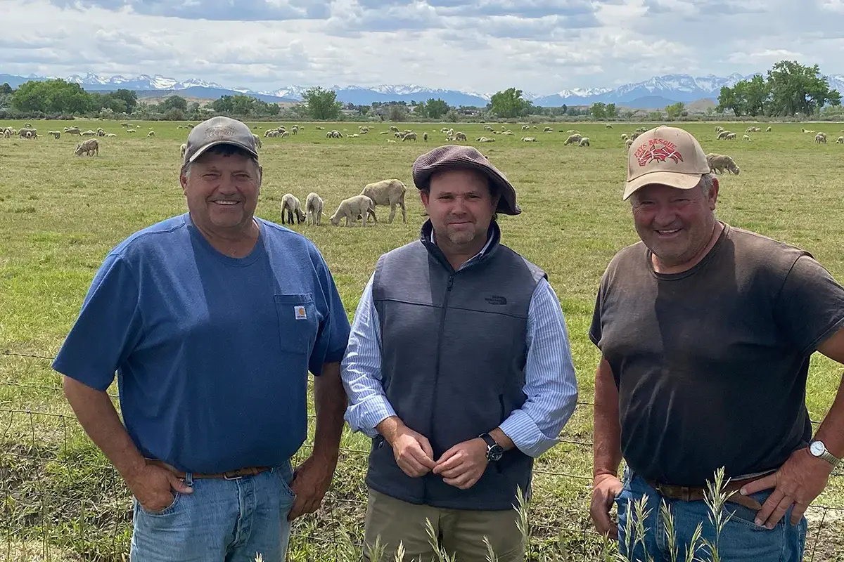 A Close-Knit Community Three men stand smiling in a grassy field with sheep grazing in the background. Mountains and cloudy skies are visible in the distance. The men wear casual farm clothing and hats.