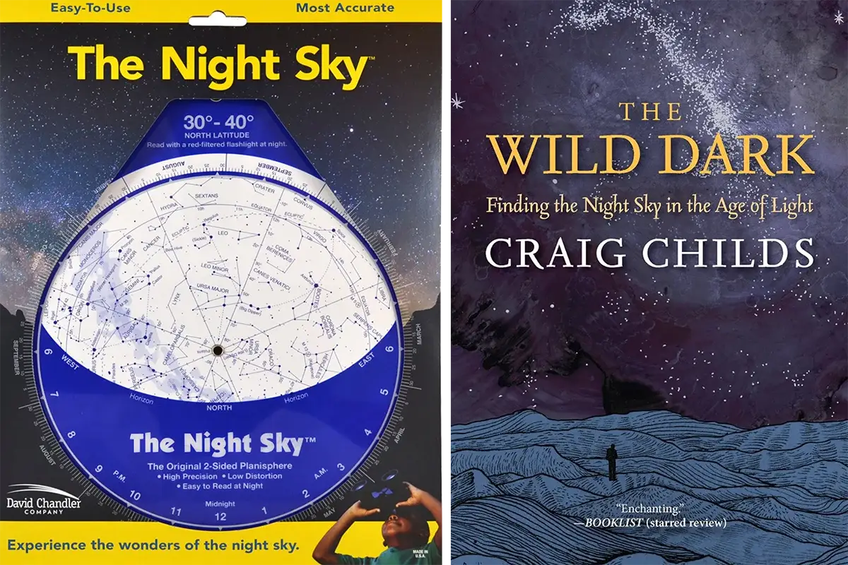 Two items side by side: a star chart titled “The Night Sky” with constellations, and a book cover for “The Wild Dark” by Craig Childs, featuring a dark landscape with a person looking at the night sky.