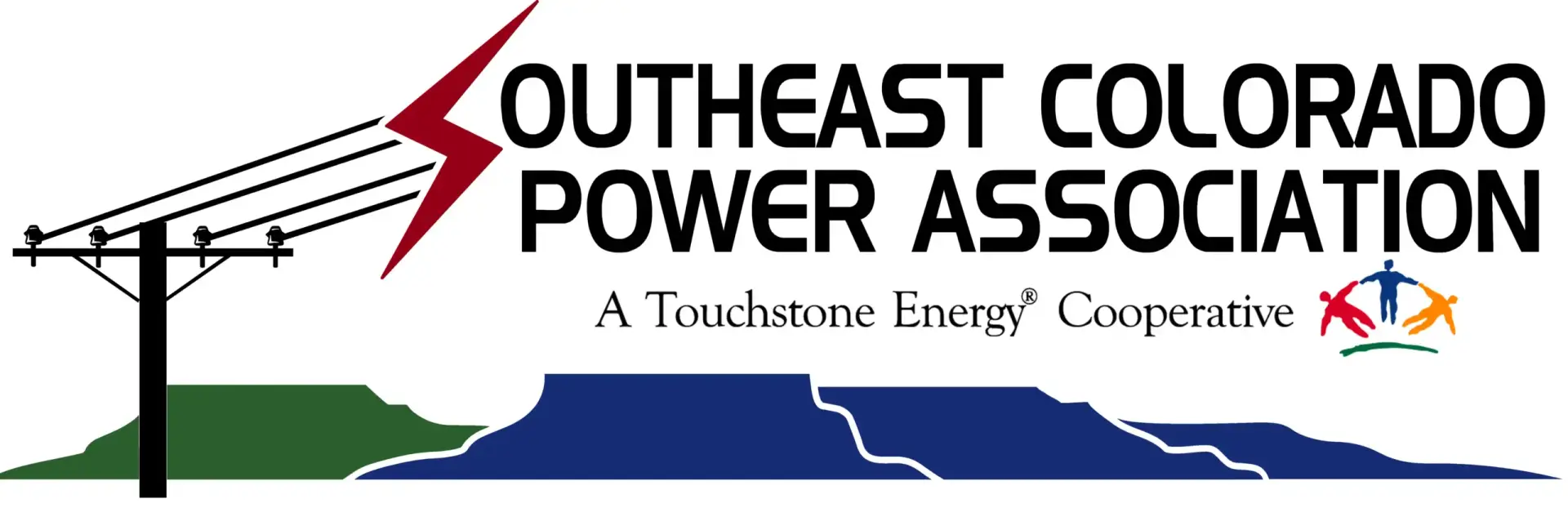 Logo for Southeast Colorado Power Association featuring a power line pole, red lightning bolt, mesas landscape, and the Touchstone Energy Cooperative logo with three colorful human figures holding hands.
