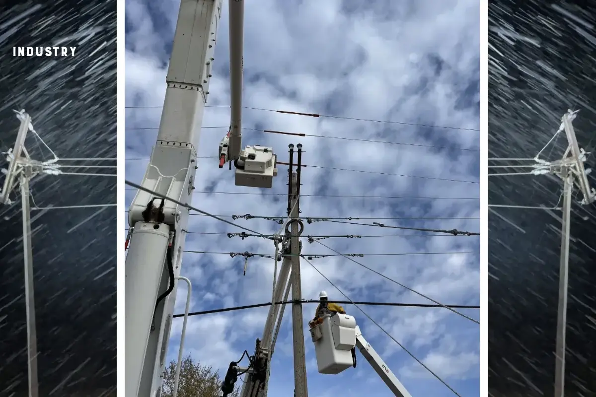 Utility workers in elevated buckets repair power lines against a cloudy sky backdrop.