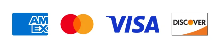 Logos of four credit card companies: American Express, Mastercard, Visa, and Discover, displayed in a row.