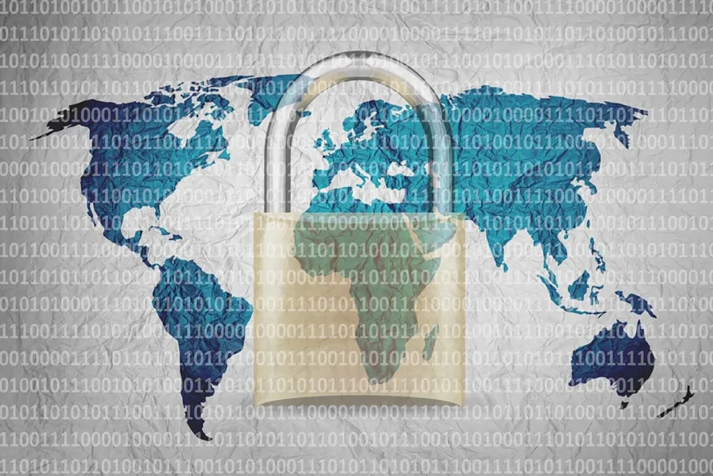 A world map with binary code overlay and a padlock illustration symbolizing global cybersecurity or data protection.