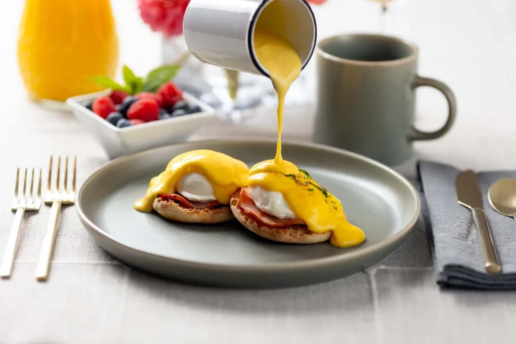 Eggs Benedict on an English muffin with ham is topped with hollandaise sauce being poured; a mug, fruit bowl, and juice are in the background.