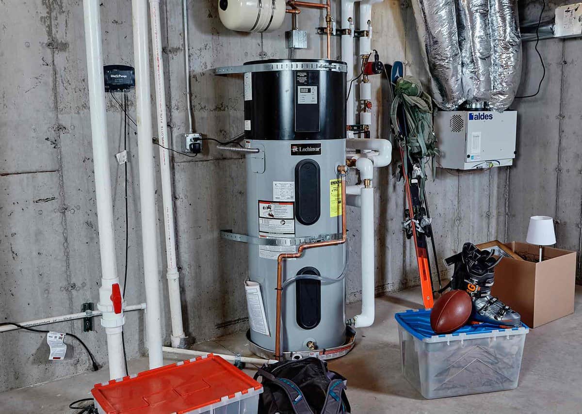 Water heater in a basement with pipes connected. Nearby, there are boxes with various sports equipment and a lamp. The walls are concrete with visible ductwork.