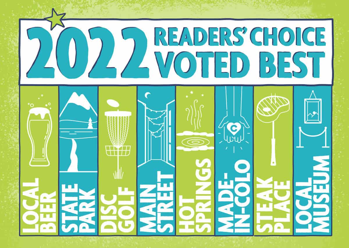 Colorful graphic titled "2022 Readers' Choice Voted Best" with categories: Local Beer, State Park, Disc Golf, Main Street, Hot Springs, Made in Colo, Steak Place, Local Museum.