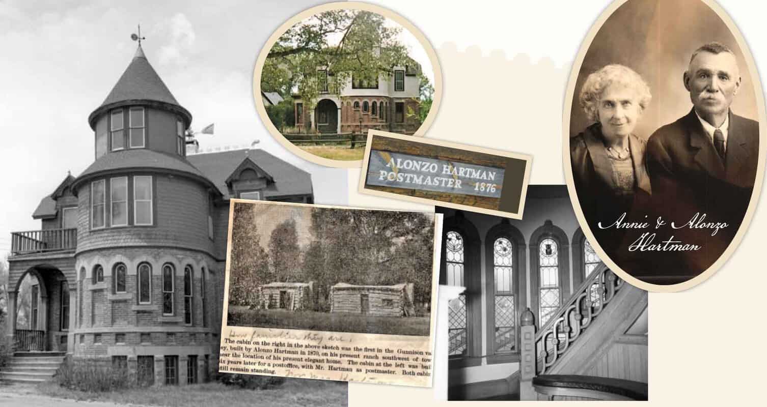 Collage featuring a historic building, vintage portraits of a couple, a postmaster plaque, a log cabin photo, and an interior view with stained glass windows and curved staircase.
