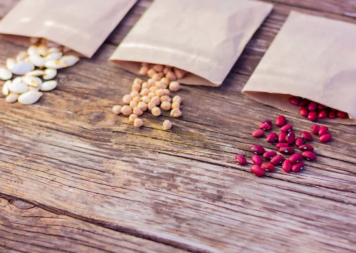 Three open paper seed packets on a wooden surface, spilling white, tan, and red seeds onto the table.