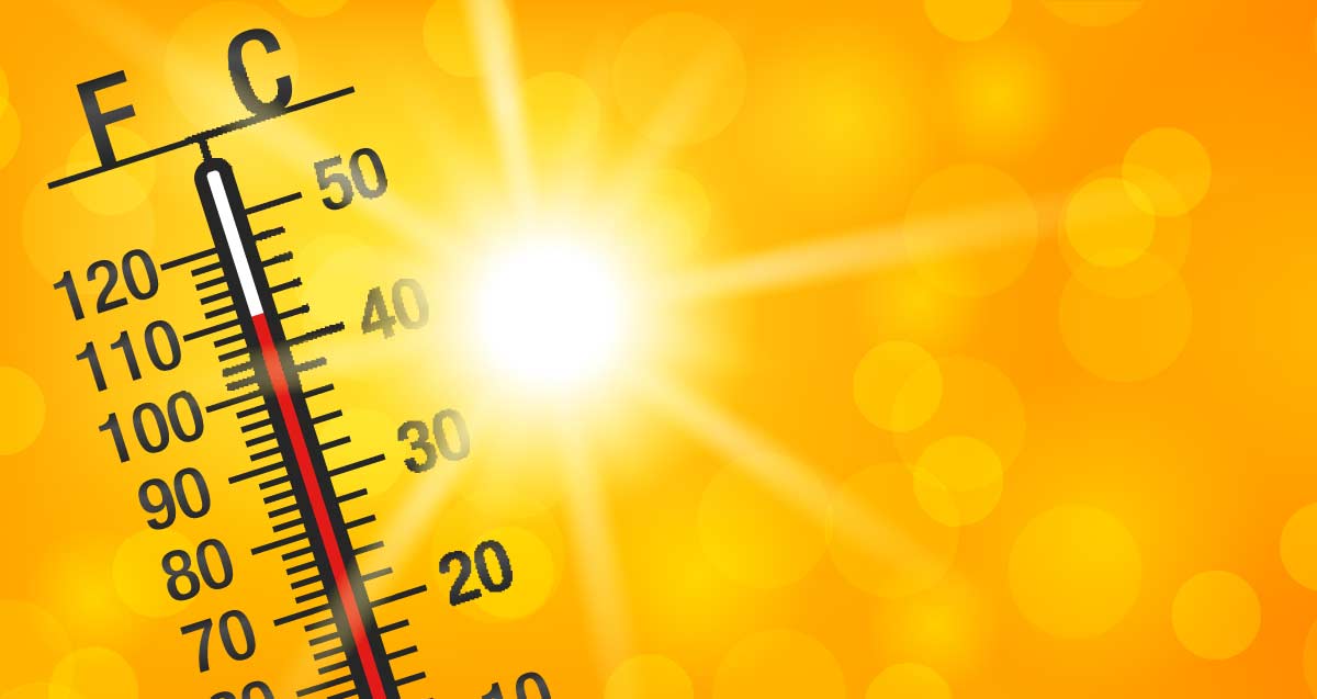 Thermometer showing high temperature in Fahrenheit and Celsius against a bright sun and orange background.