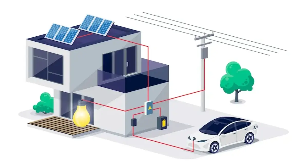 Illustration of a modern house with solar panels on the roof, powering an electric car and household electricity, connected to the grid.