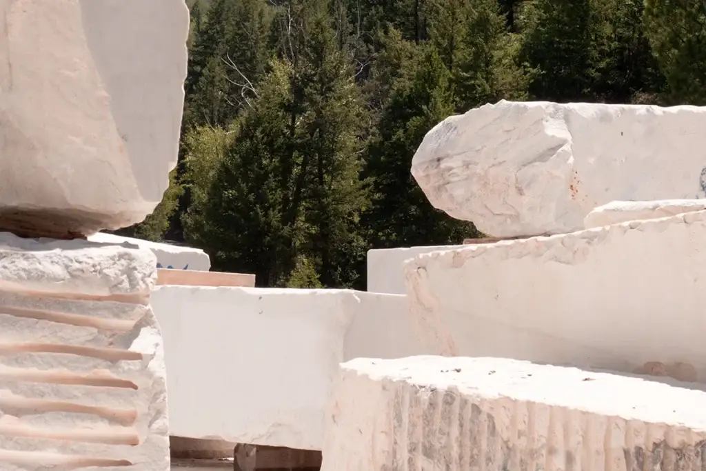 Large white marble blocks are stacked outdoors with a forest of green trees in the background.
