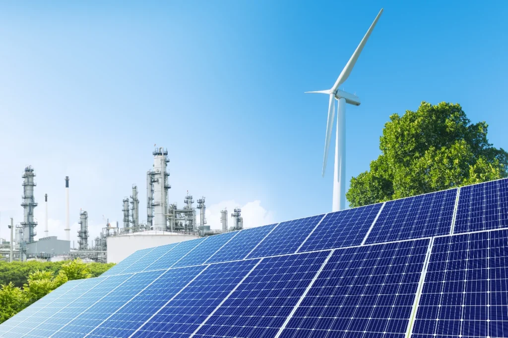 Solar panels in the foreground, a wind turbine, and an industrial facility with chimneys in the background under a clear blue sky.