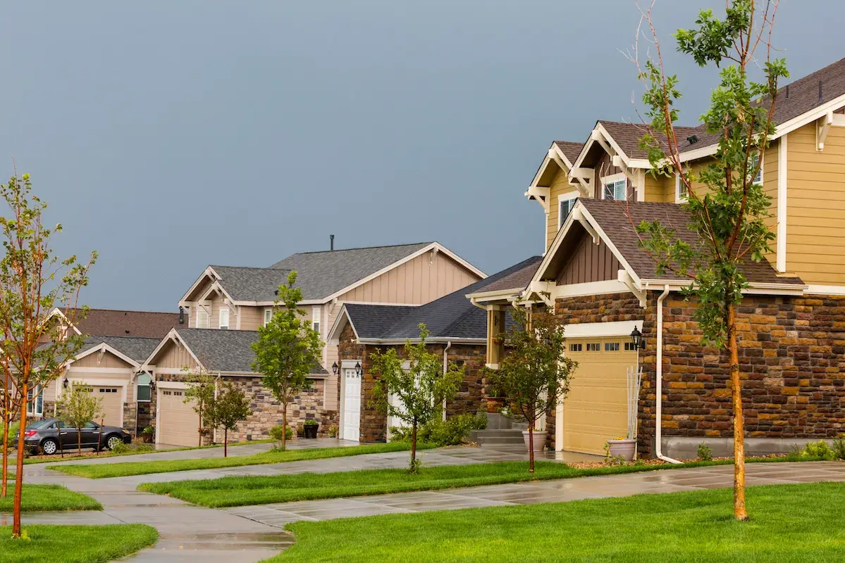 A suburban street with a row of modern two-story houses featuring stone and wood exteriors, neatly trimmed lawns, and young trees lining the sidewalk under a cloudy sky.