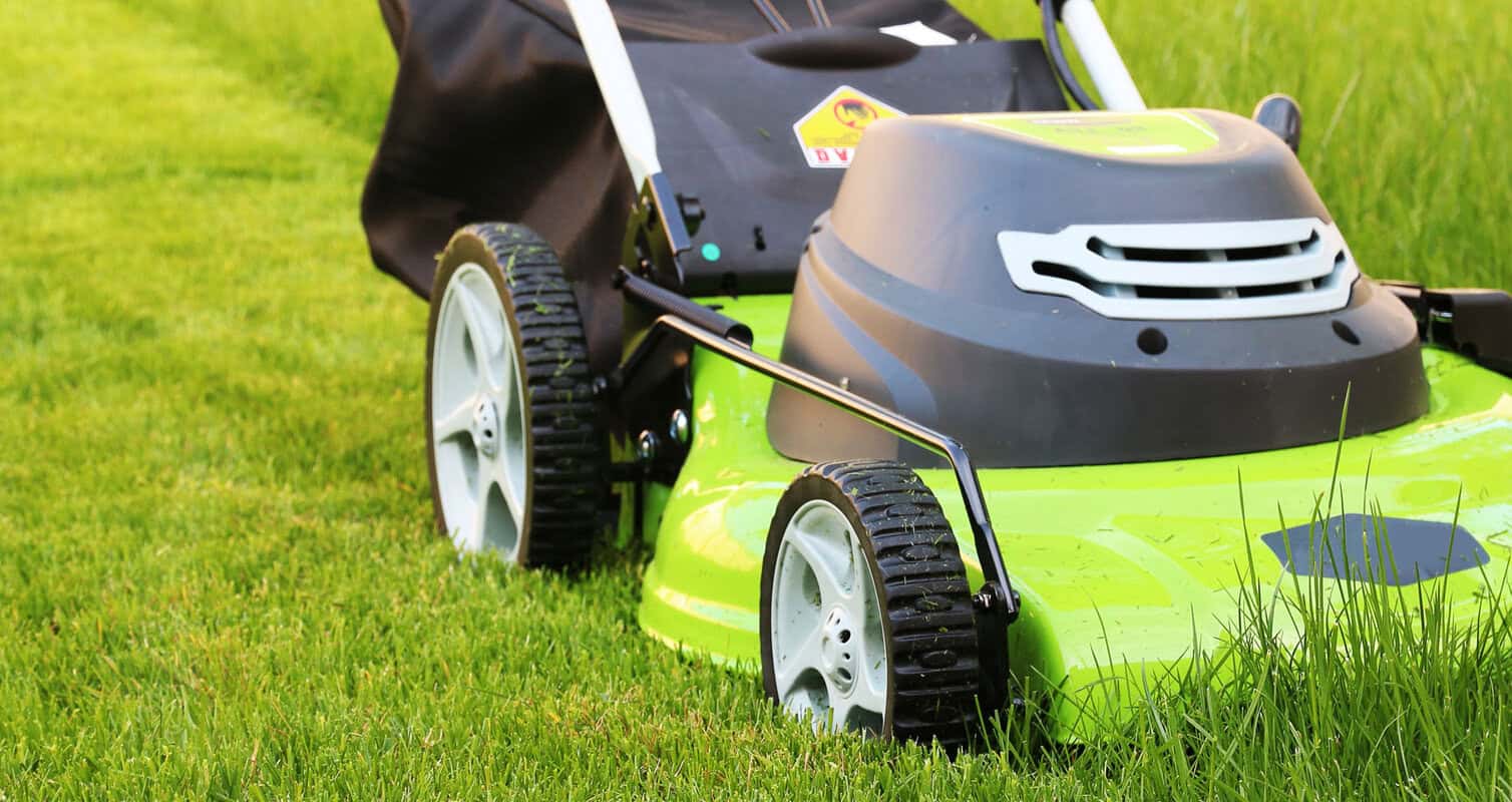 A green lawn mower is cutting through tall grass, with its front wheels visible and part of a black grass collection bag in the background.