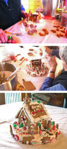 Three images show people assembling and decorating a gingerbread house with colorful candies and icing on a table.