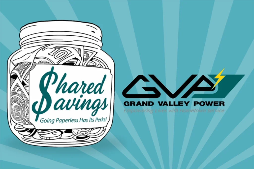 Illustration of a jar filled with money labeled "Shared Savings: Going Paperless Has Its Perks!" next to the Grand Valley Power logo on a blue background.