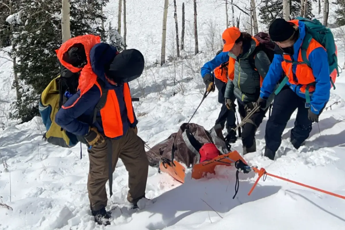 The Next Generation of Search and Rescue Three people in orange vests and winter gear pull a stretcher with a person in the snow through a forested, snowy landscape.