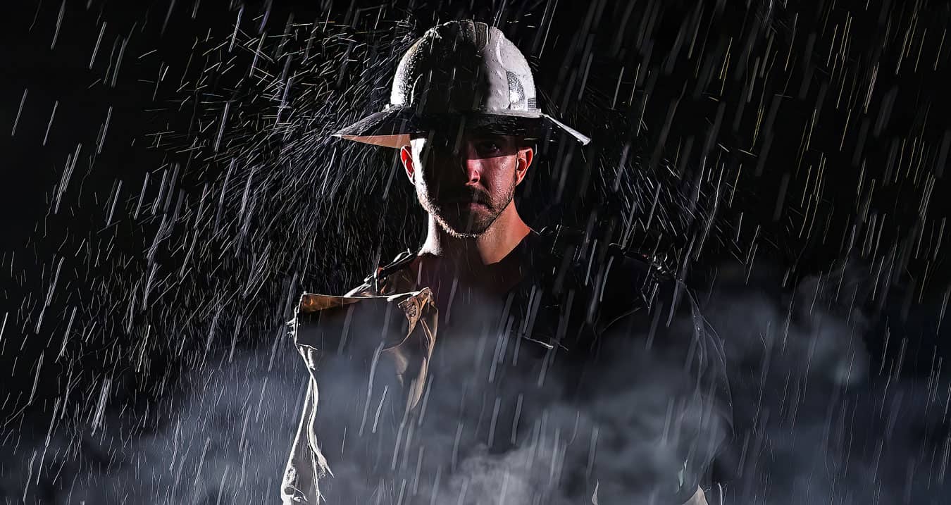 Firefighter wearing a helmet standing in rain and mist, with water droplets visible against a dark background.