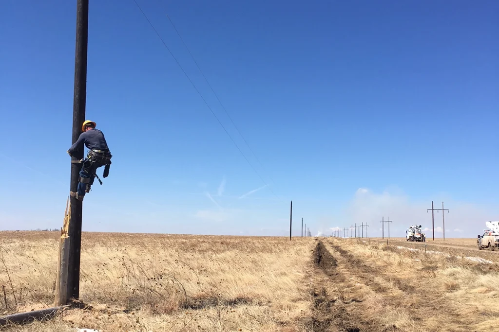 A utility worker climbs a wooden power pole in a dry field, with utility trucks and a line of power poles stretching into the distance under a clear blue sky.