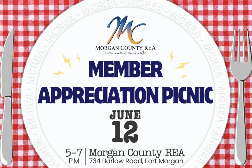 A flyer for the Morgan County REA Member Appreciation Picnic on June 12, 5–7 PM at 734 Barlow Road, Fort Morgan, with picnic-themed graphics.