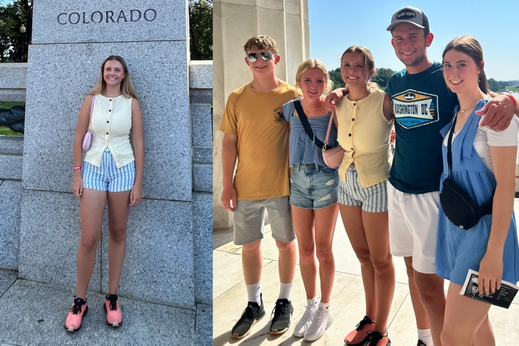 Left: Carys stands in front of the granite column recognizing Colorado, part of the World War II Memorial. Right: Carys (center) and other students visit the Lincoln Memorial.