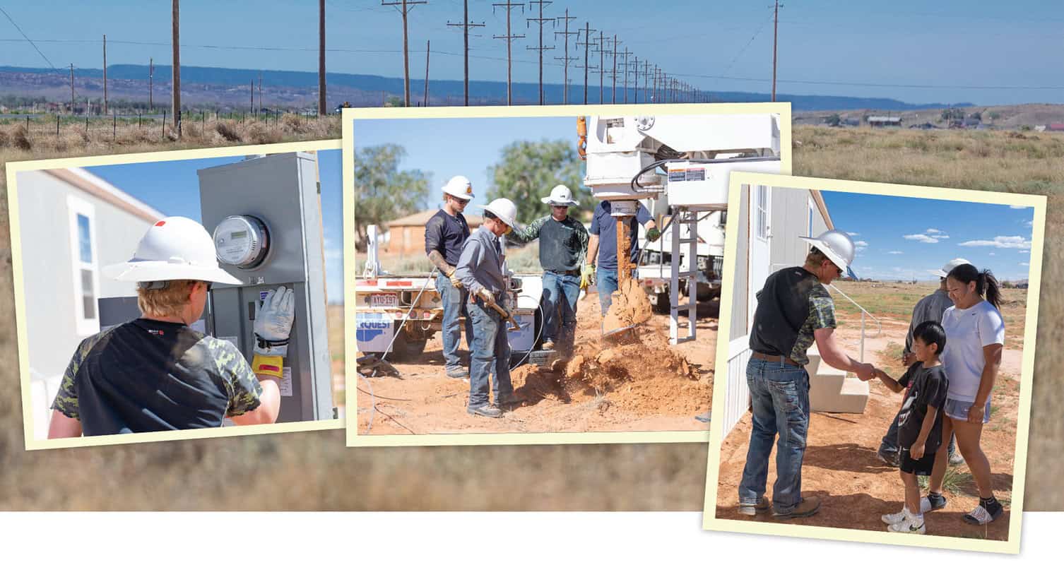 Collage of workers in hard hats installing a power meter and digging, with a person showing a young child and adult how the equipment works in an outdoor setting.