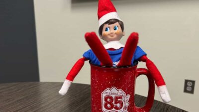 Plush elf toy in a red mug with "Celebrating 85" logo, seated on a wooden surface.