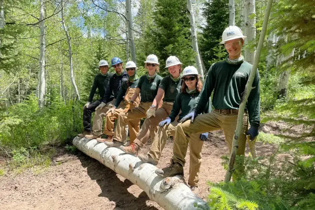 Seven people wearing helmets and green shirts sit on a fallen tree in a forested area, posing for a group photo while working outdoors.