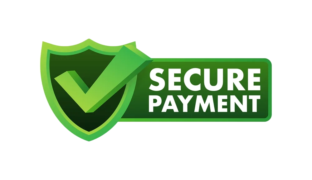Green shield with a check mark and the text "SECURE PAYMENT" in white on a dark green background.
